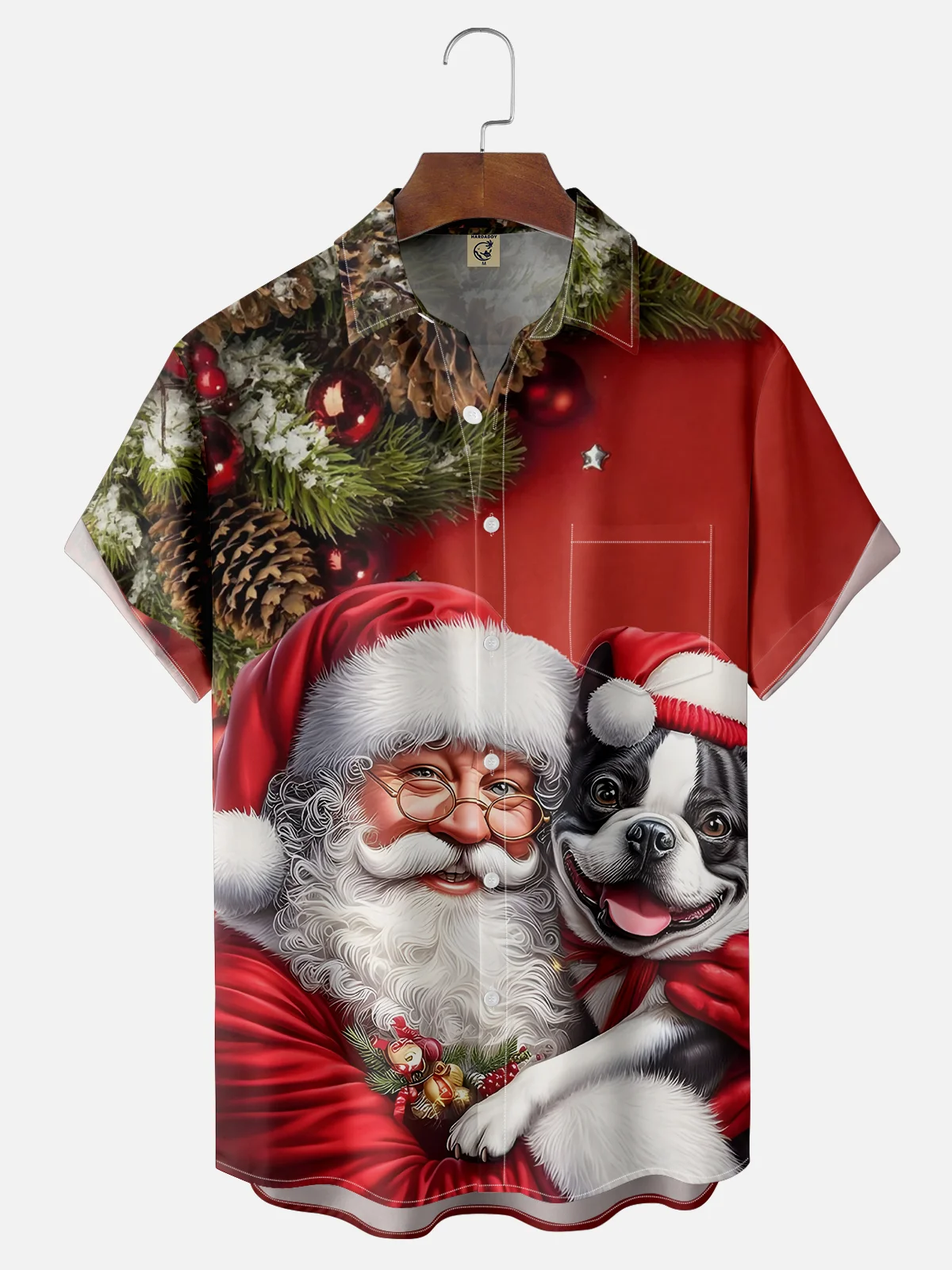 Moisture-wicking Christmas Santa and Dog Chest Pocket Hawaiian Shirt