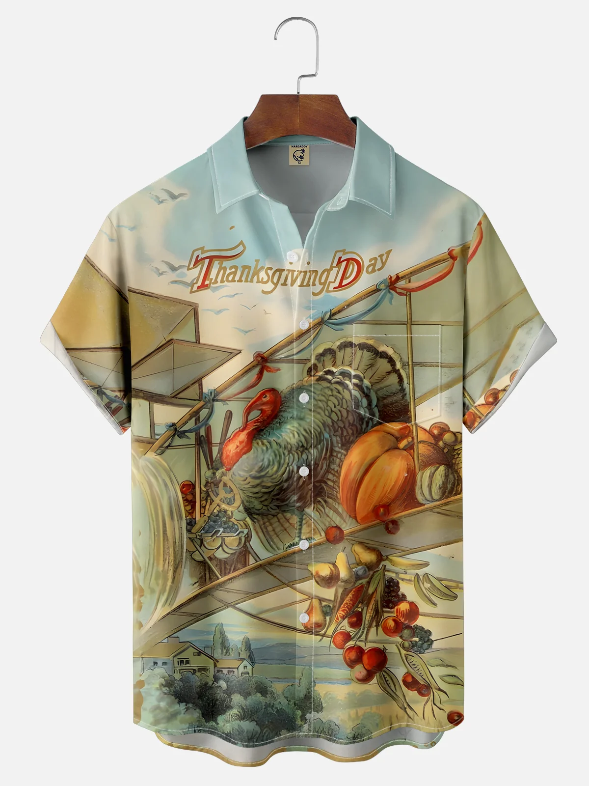 Moisture-wicking Thanksgiving Flying Turkey Chest Pocket Hawaiian Shirt