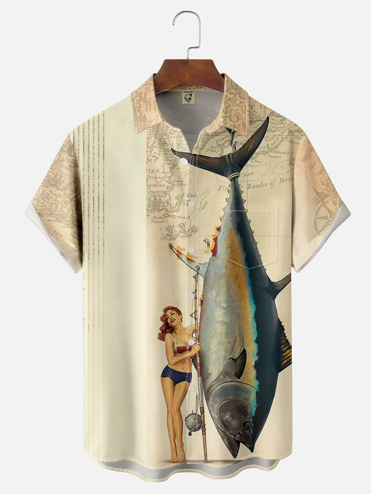 Moisture-wicking Vintage Girl and Fish Chest Pocket Bowling Shirt