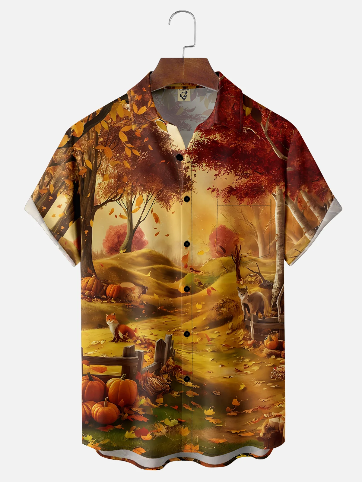 Moisture-wicking Thanksgiving Fall Scene Chest Pocket Hawaiian Shirt