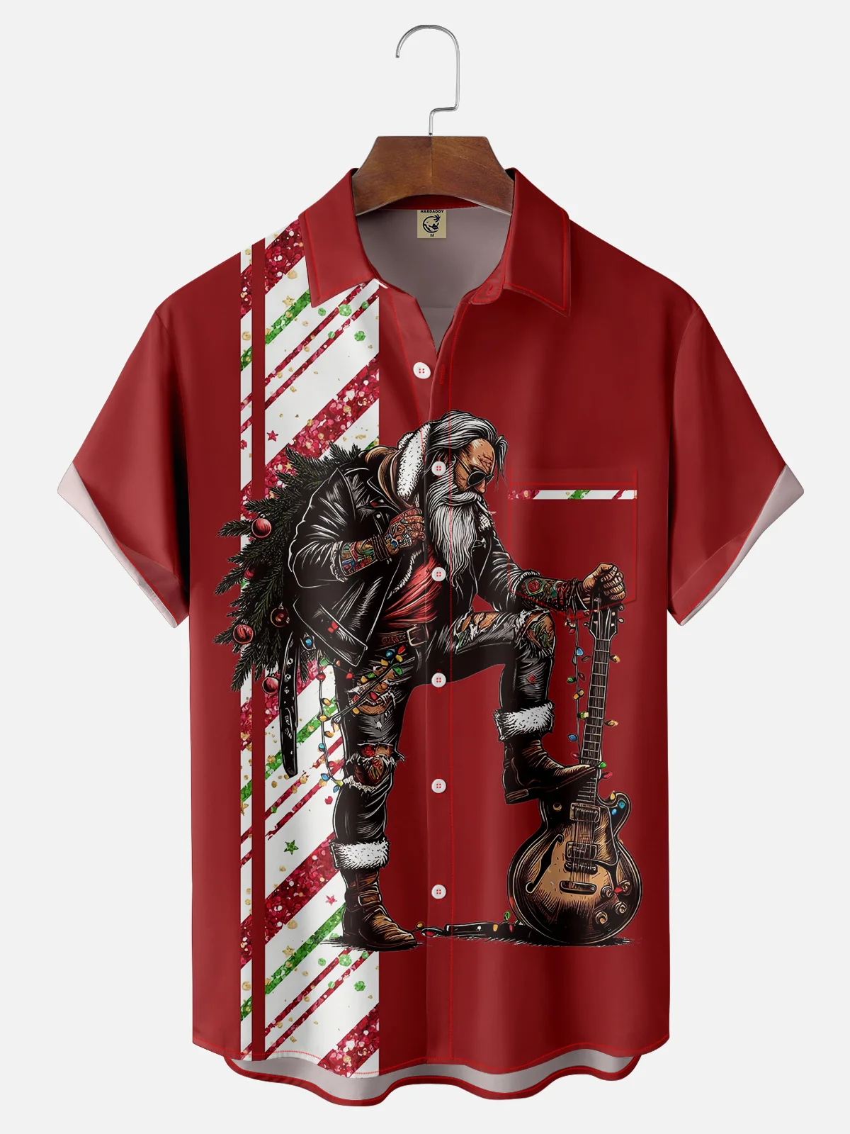 Moisture-wicking Christmas Santa Claus Guitar Music Chest Pocket Bowling Shirt