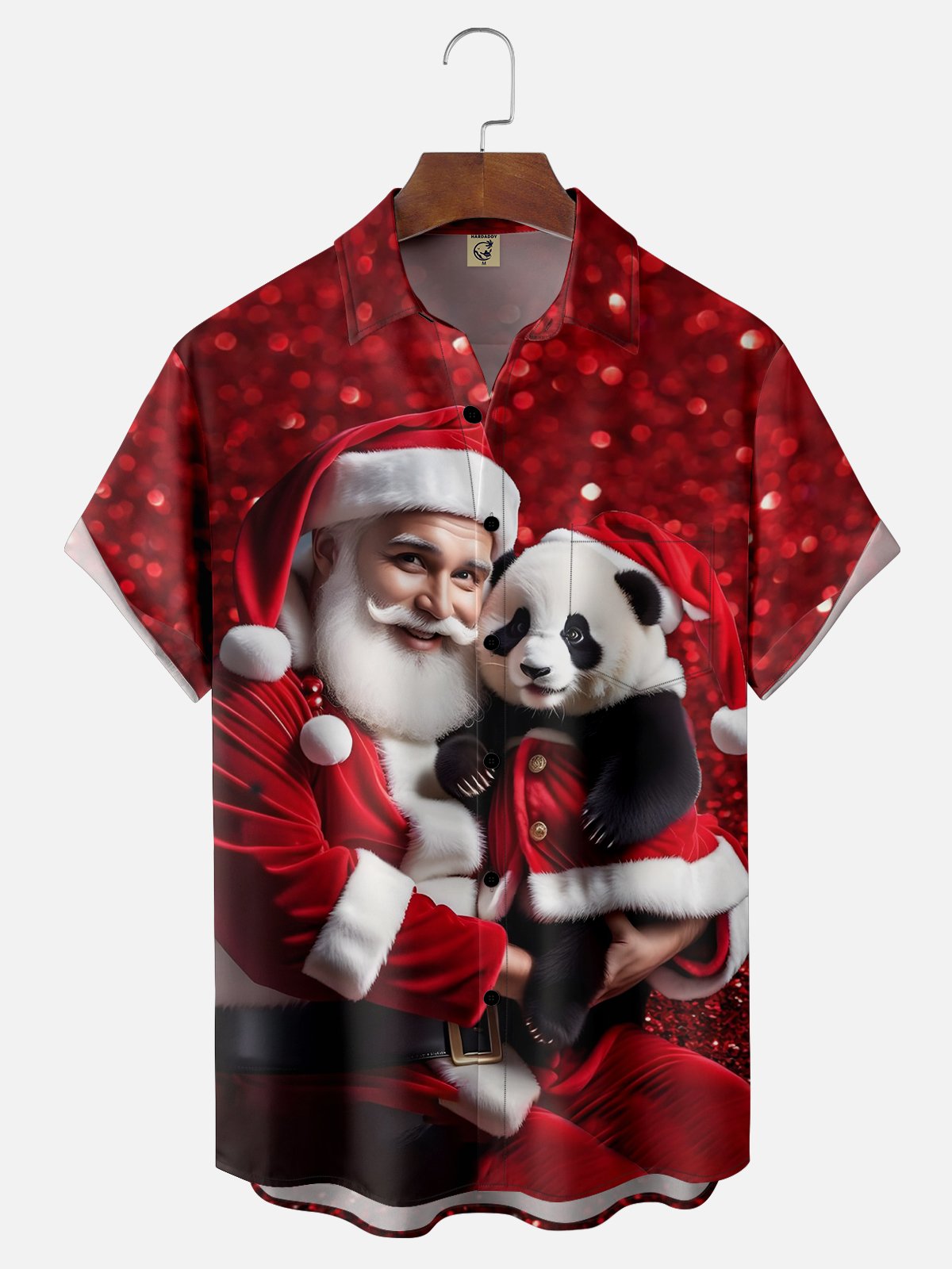 Moisture-wicking Christmas Santa Claus and Panda Chest Pocket Hawaiian Shirt