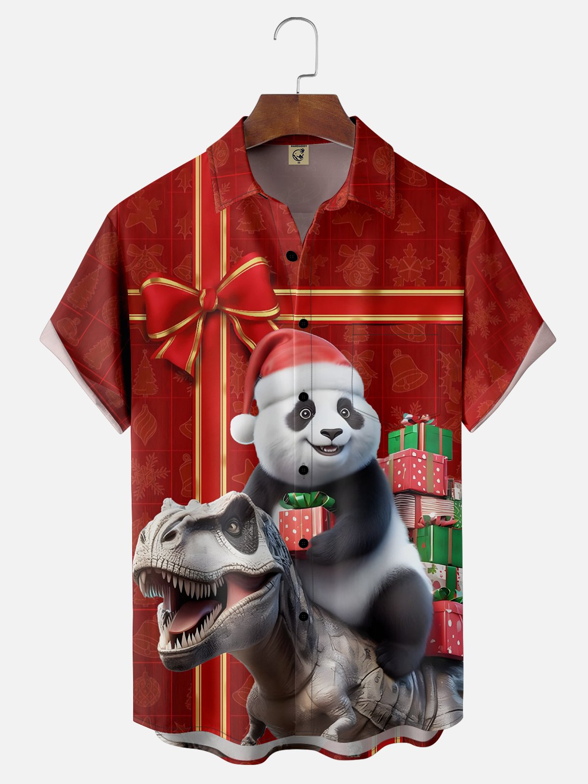 Moisture-wicking Christmas Panda Dinosaur Chest Pocket Bowling Shirt