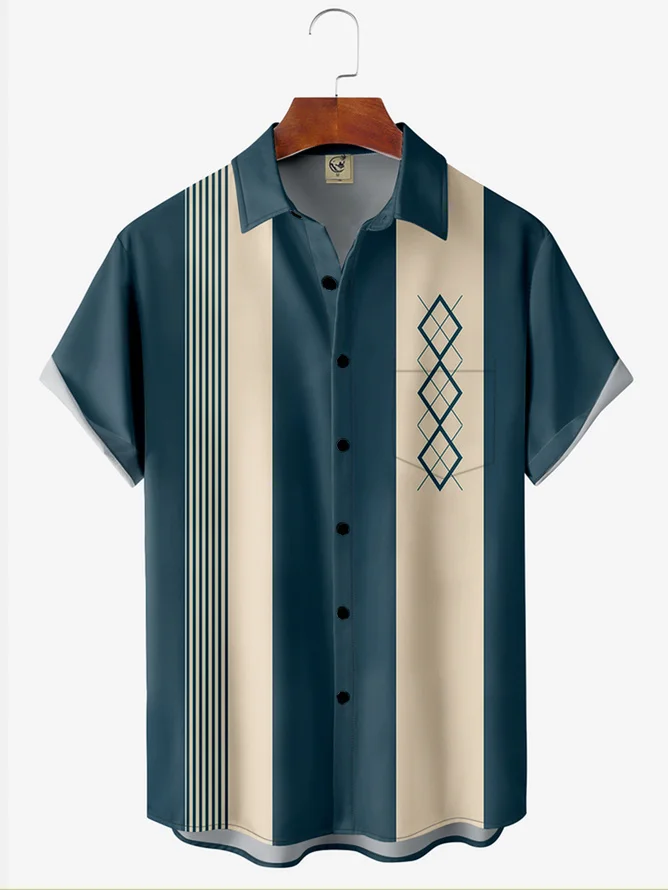 Tall Size Moisture-wicking Geometric Chest Pocket Bowling Shirt