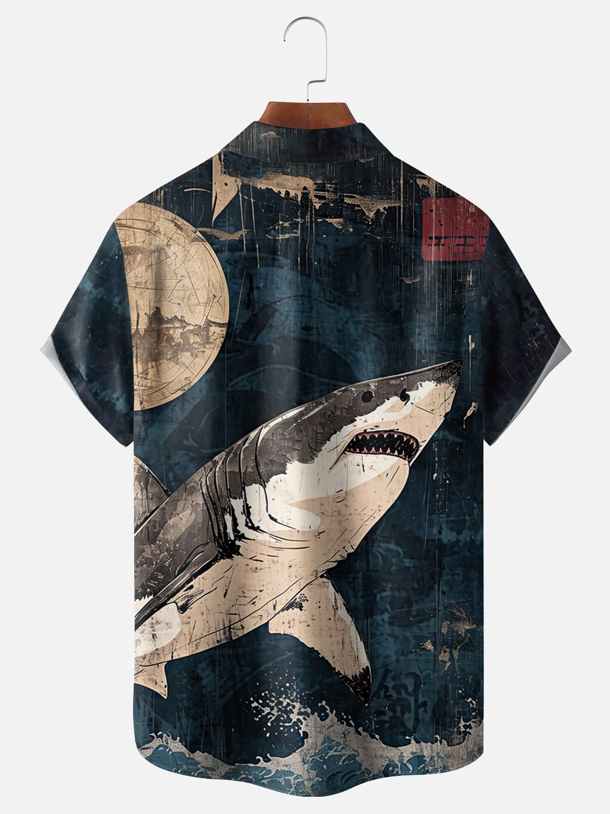 Moisture-wicking Japanese Art Shark Chest Pocket Hawaiian Shirt