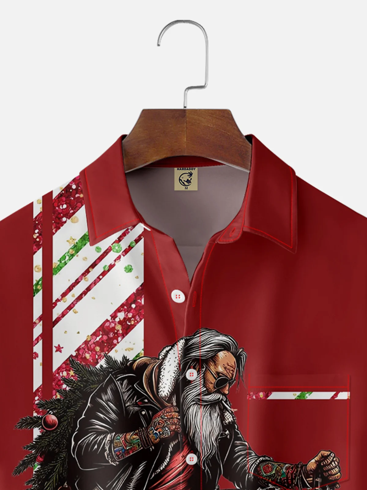 Moisture-wicking Christmas Santa Claus Guitar Music Chest Pocket Bowling Shirt