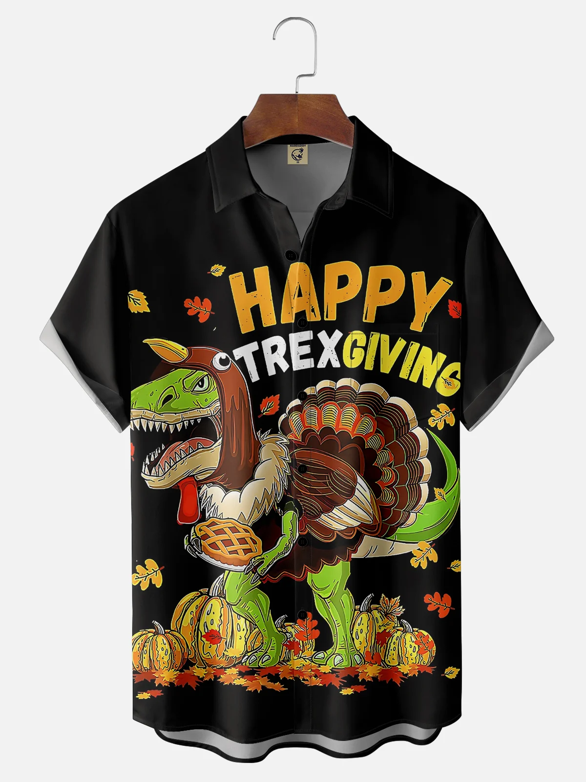 Moisture-wicking Thanksgiving Dinosaur Turkey Chest Pocket Hawaiian Shirt