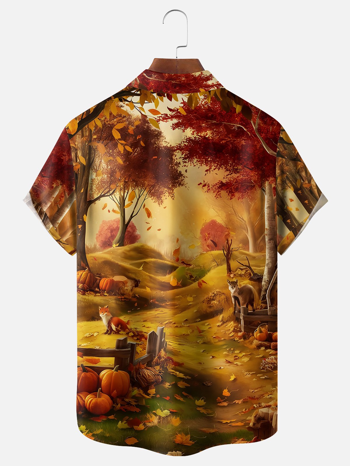 Moisture-wicking Thanksgiving Fall Scene Chest Pocket Hawaiian Shirt