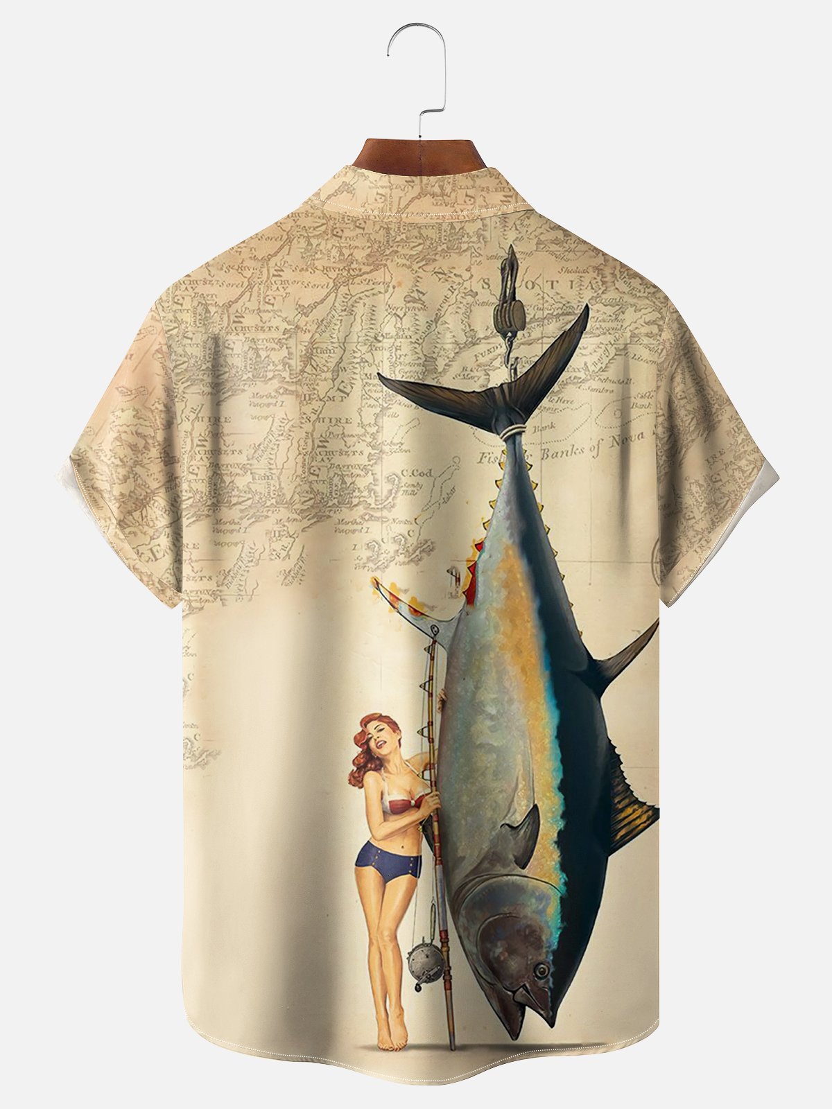 Moisture-wicking Vintage Girl and Fish Chest Pocket Bowling Shirt