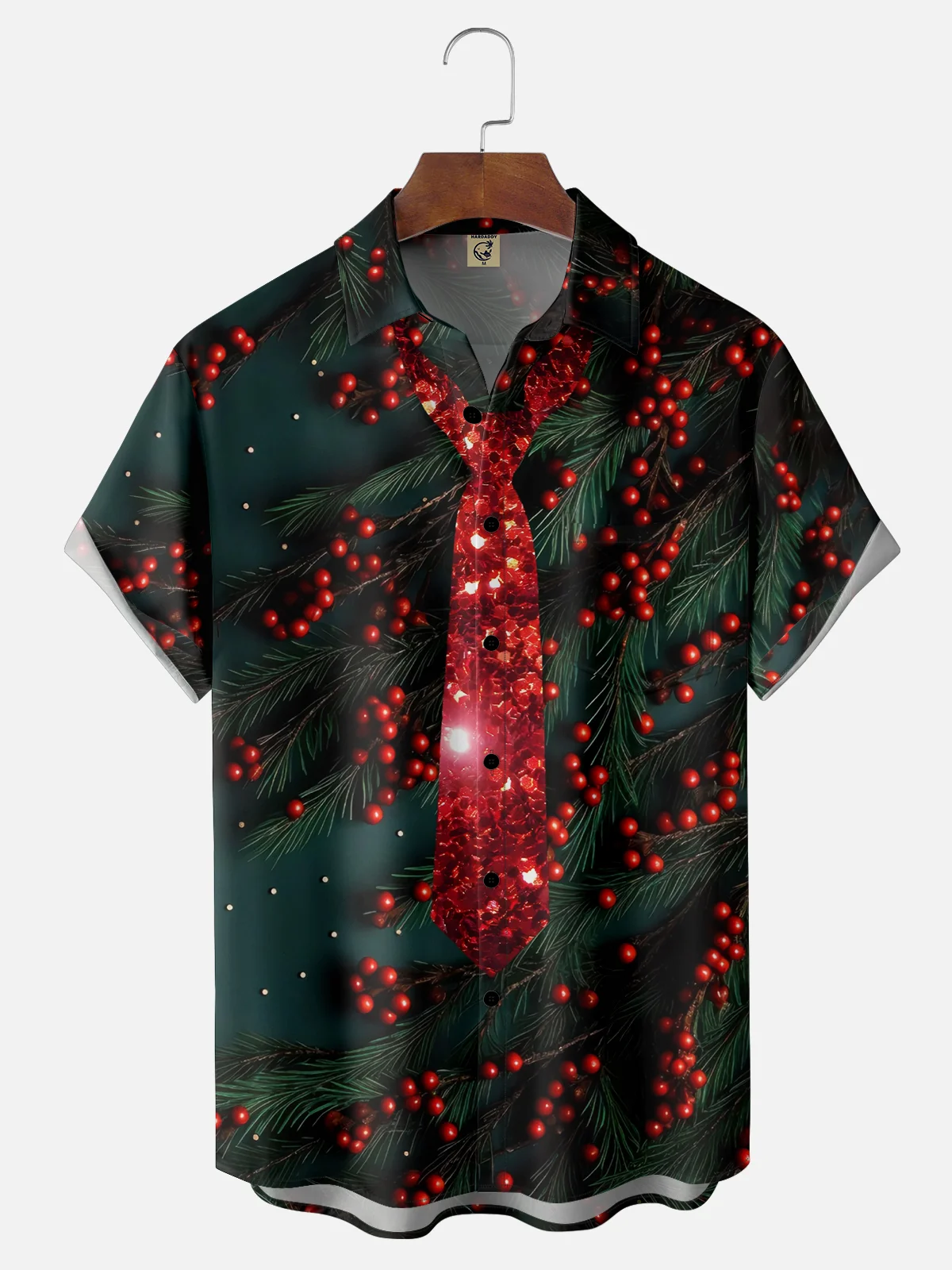 Moisture-wicking Christmas Red Berry Chest Pocket Hawaiian Shirt