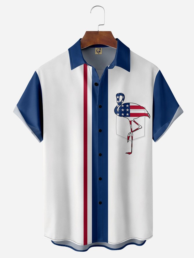 Tall Size Moisture-wicking American Flag Flamingo Chest Pocket Bowling Shirt