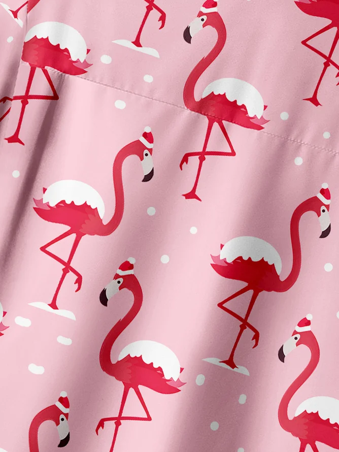 Tall Size Moisture-wicking Christmas Flamingo Chest Pocket Hawaiian Shirt