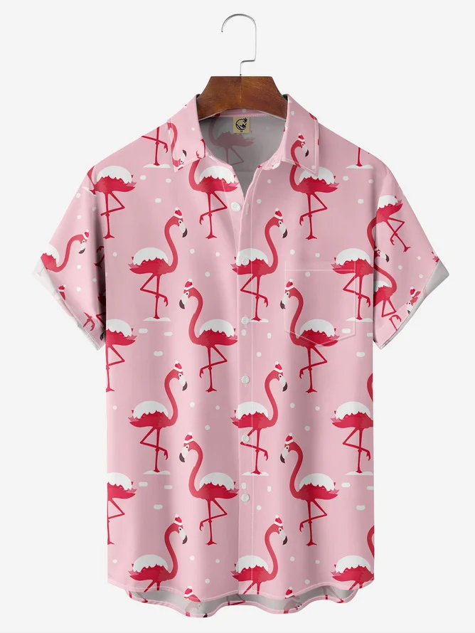 Tall Size Moisture-wicking Christmas Flamingo Chest Pocket Hawaiian Shirt