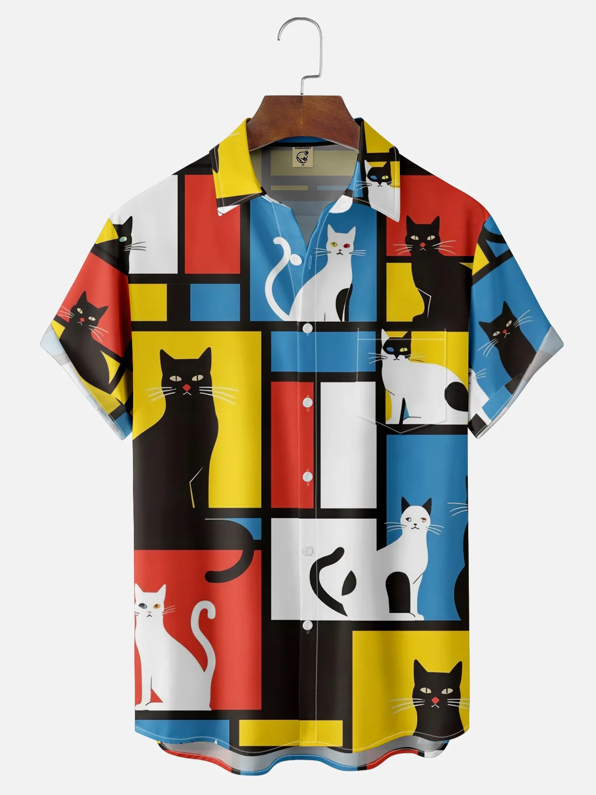 Moisture-wicking Art Painting Geomatric Cat Chest Pocket Casual Shirt