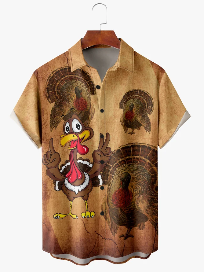 Men's Thanksgiving Turkey Print Wrinkle Resistant Moisture Wicking Fabric Fashion Hawaiian Lapel Short Sleeve Shirt