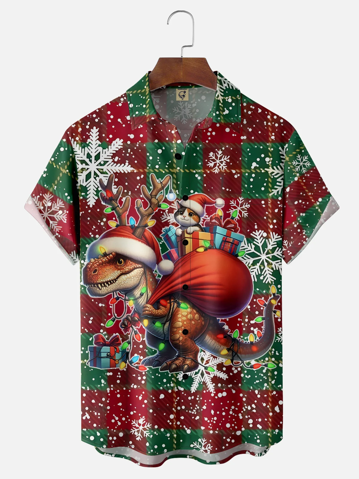 Moisture-wicking Christmas Santa Hat Dinosaur Rider Cat Snowflakes Pocket Casual Shirt