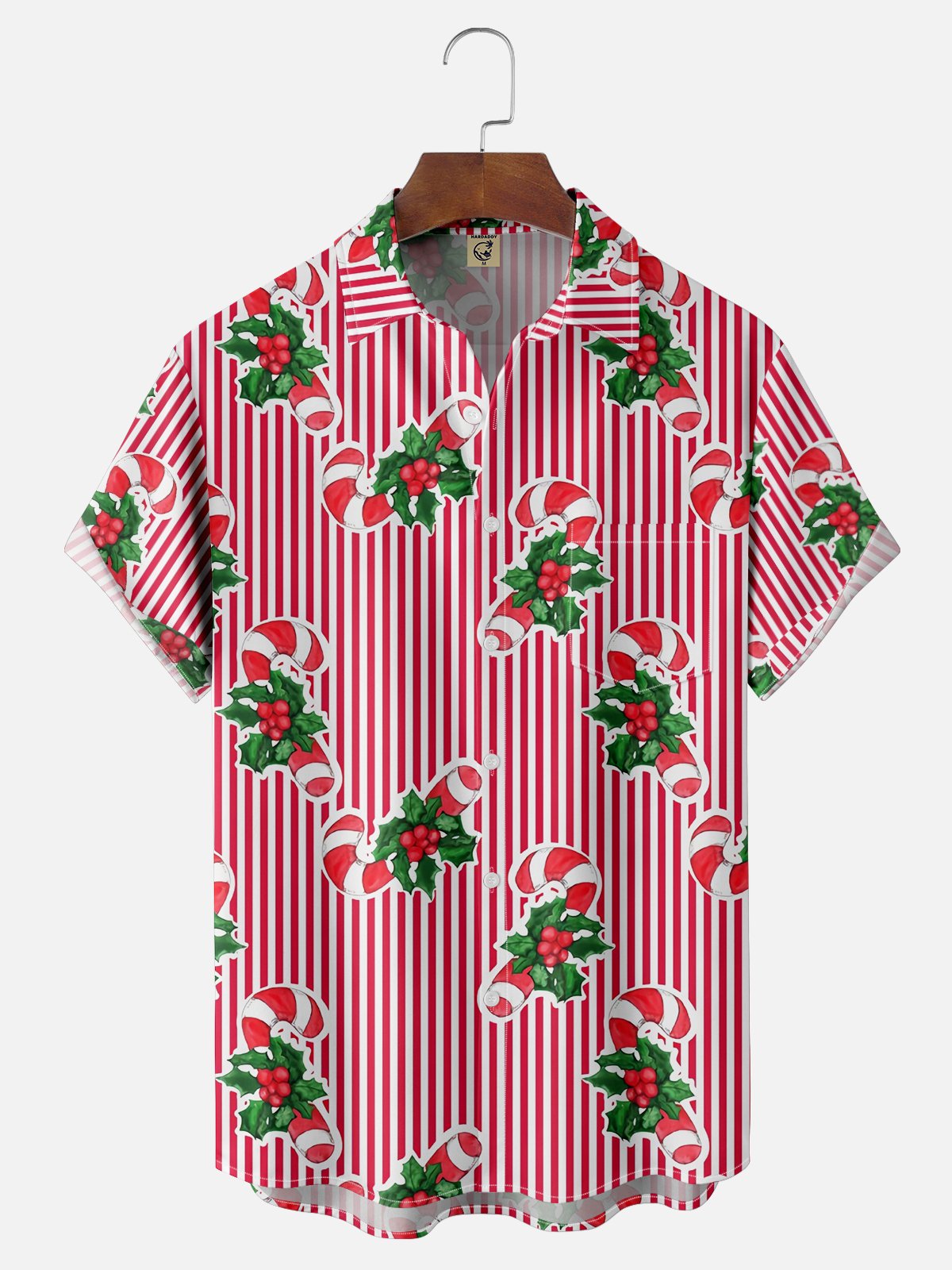 Moisture Wicking Christmas Candy Cane Chest Pocket Hawaiian Shirt