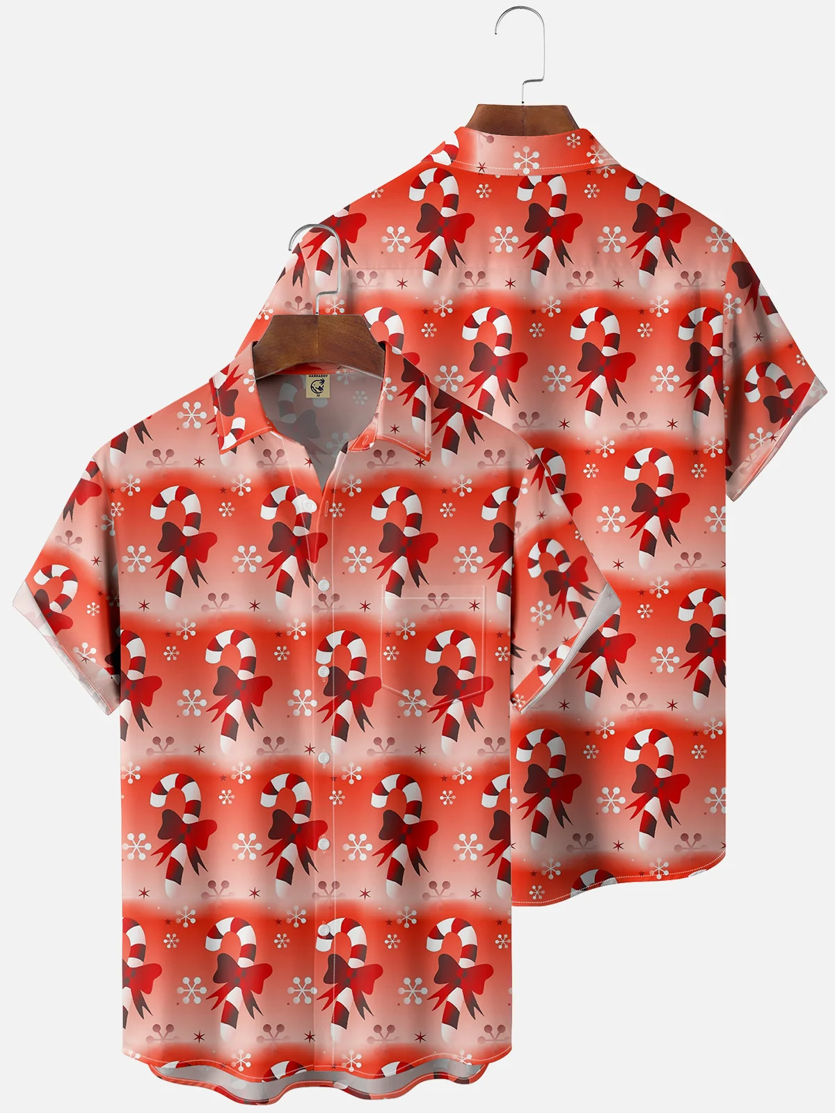 Moisture Wicking Christmas Candy Cane Chest Pocket Hawaiian Shirt