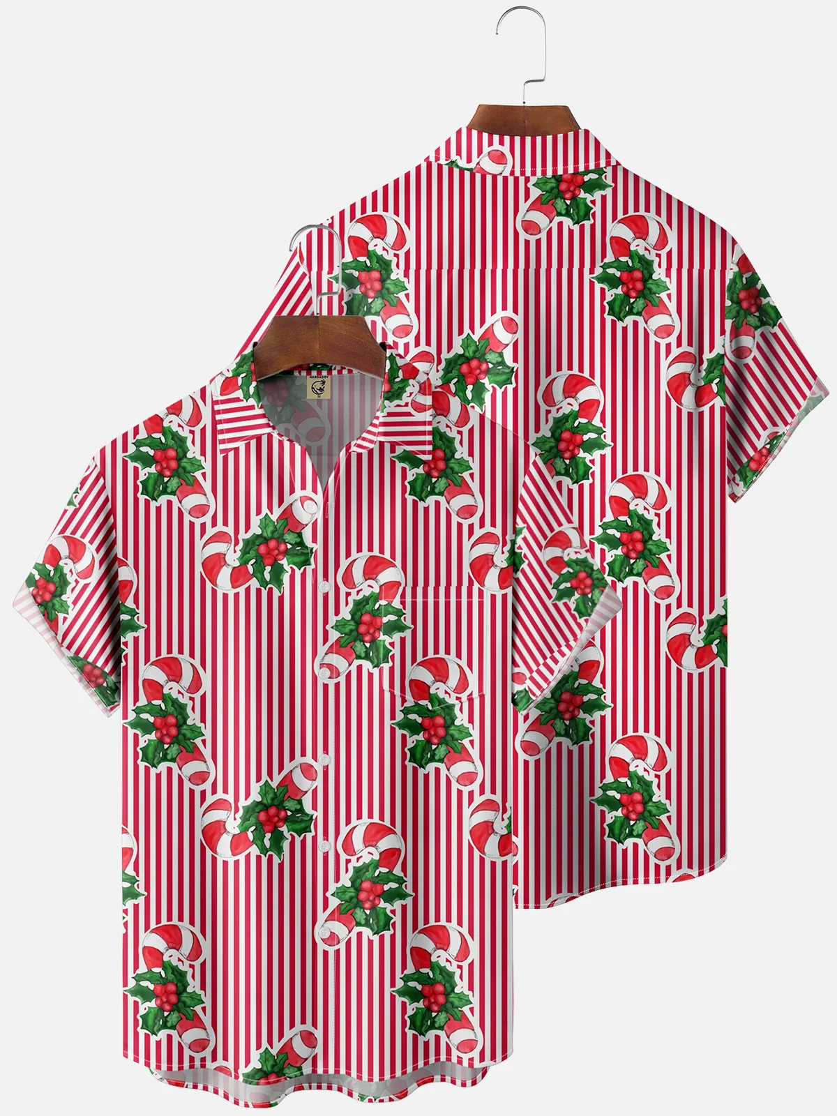 Moisture Wicking Christmas Candy Cane Chest Pocket Hawaiian Shirt