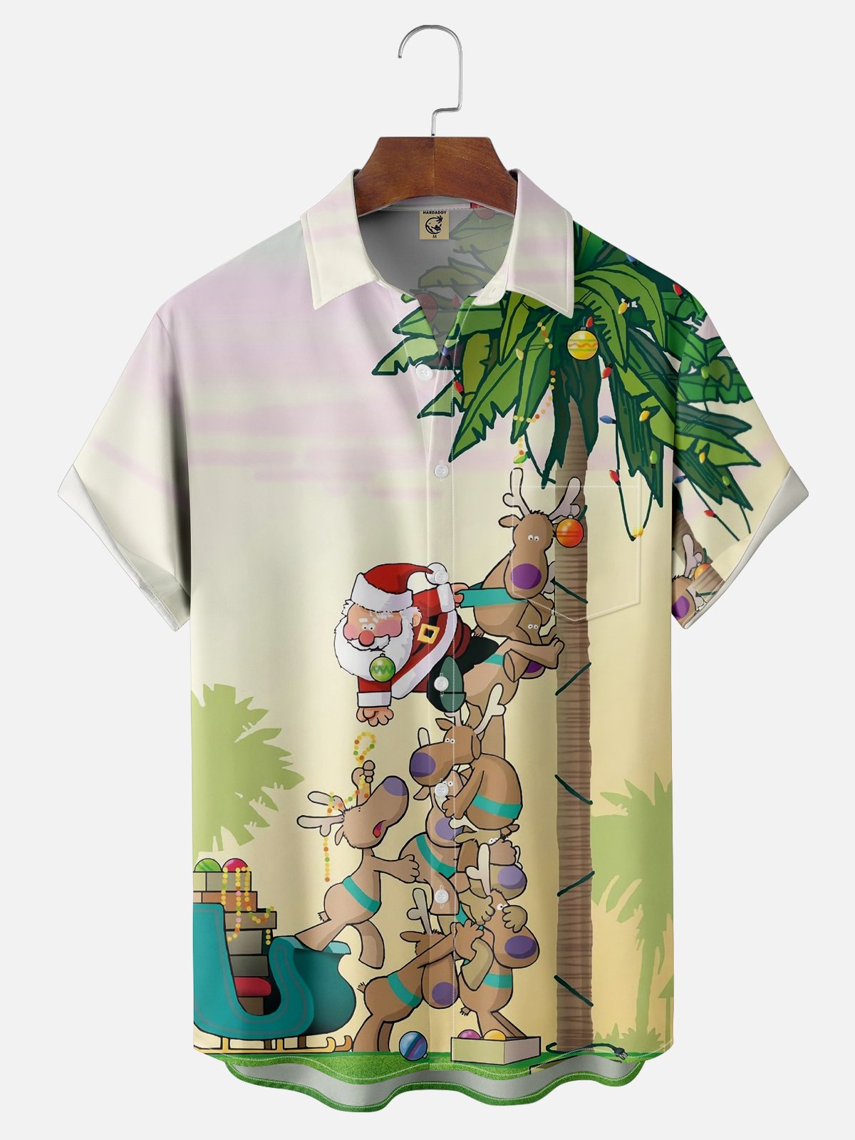 Moisture-wicking Christmas Santa Claus Elk Coconut Tree Cartoon Pocket Casual Shirt