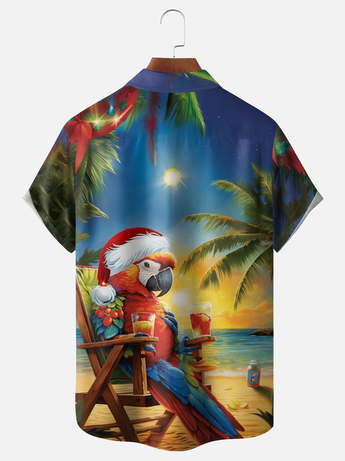 Moisture-wicking Christmas Santa Hat Parrot Beach Pocket Casual Shirt