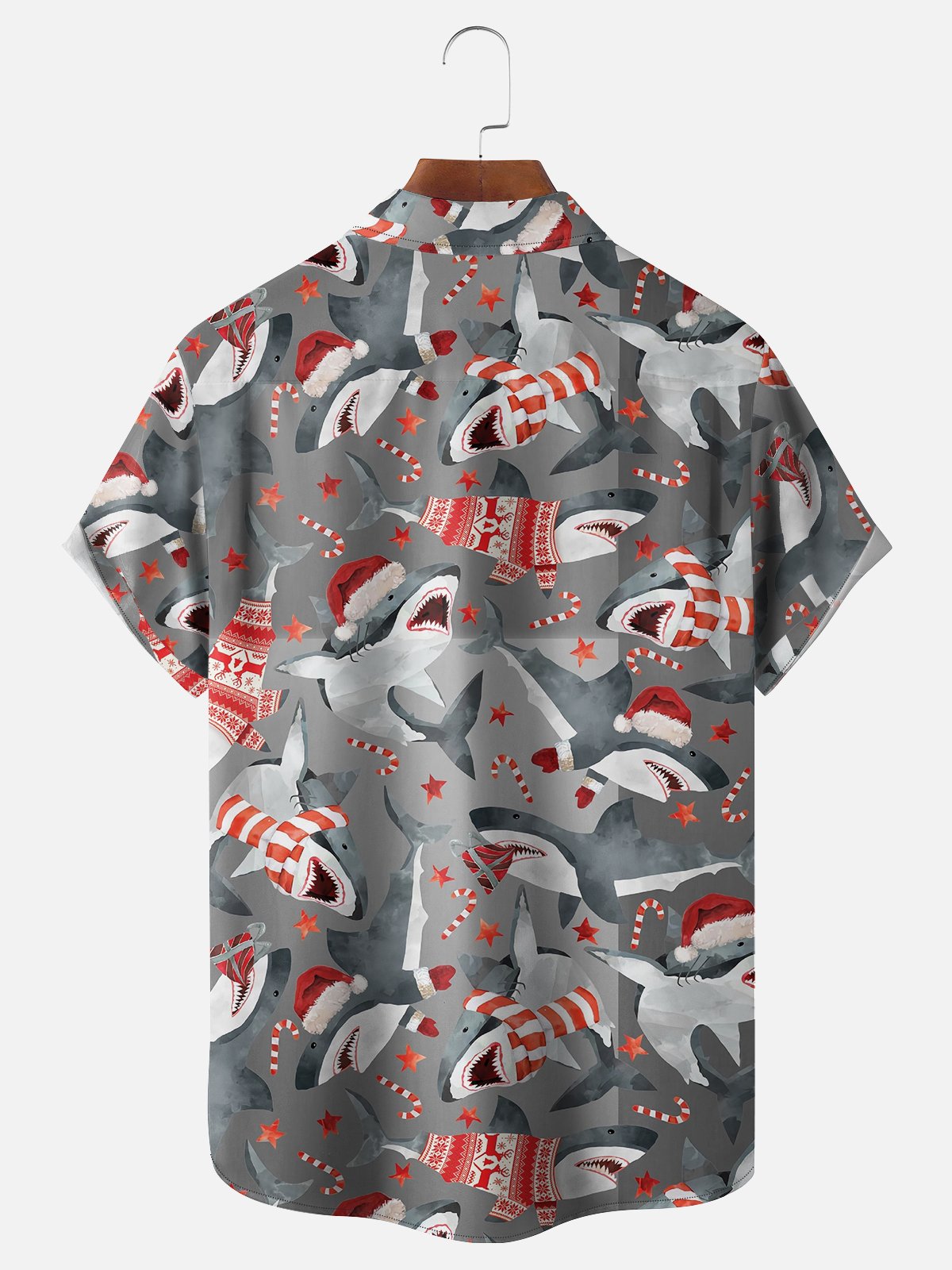 Moisture-wicking Christmas Shark Santa Hat Pocket Casual Shirt