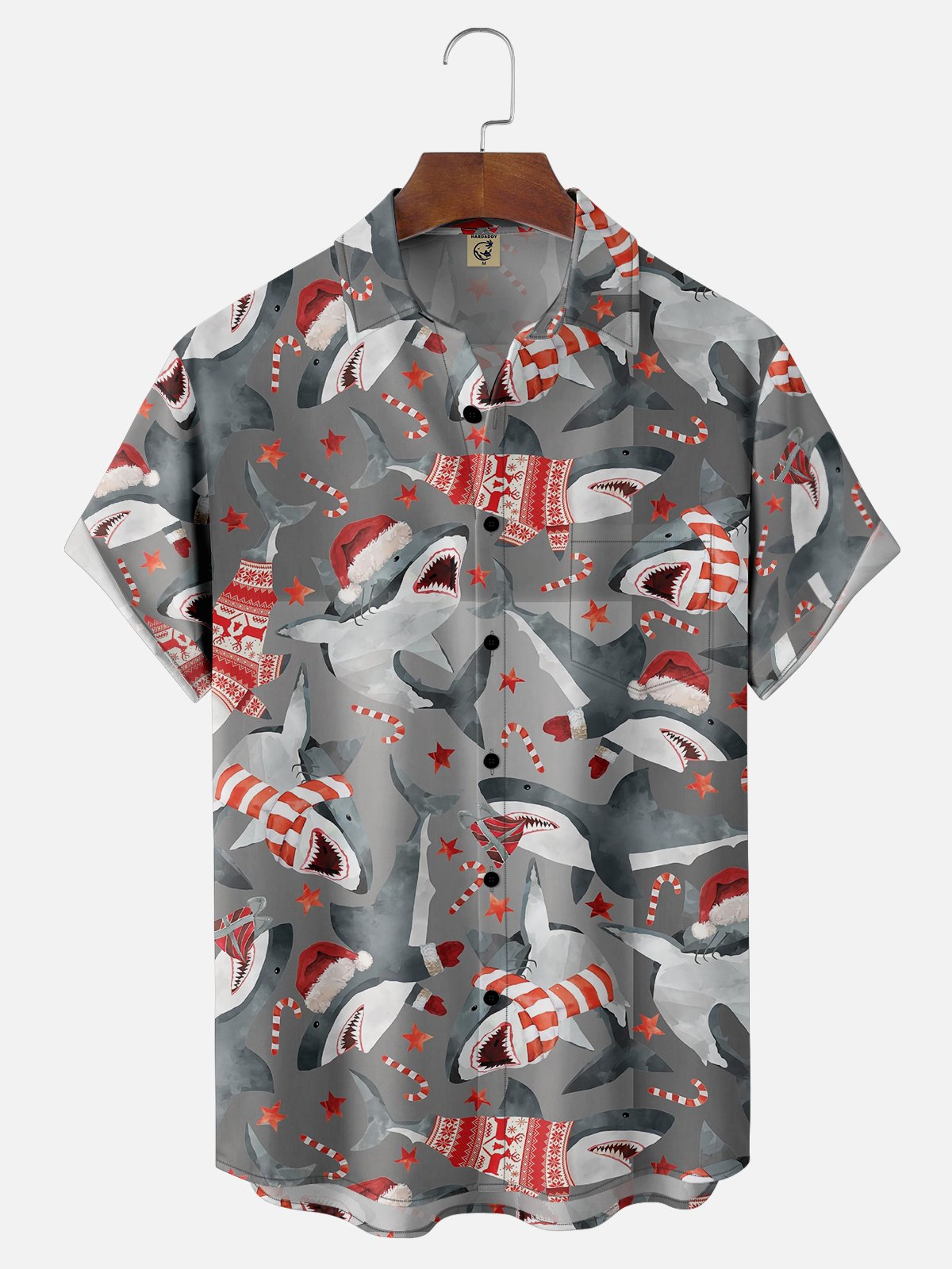 Moisture-wicking Christmas Shark Santa Hat Pocket Casual Shirt