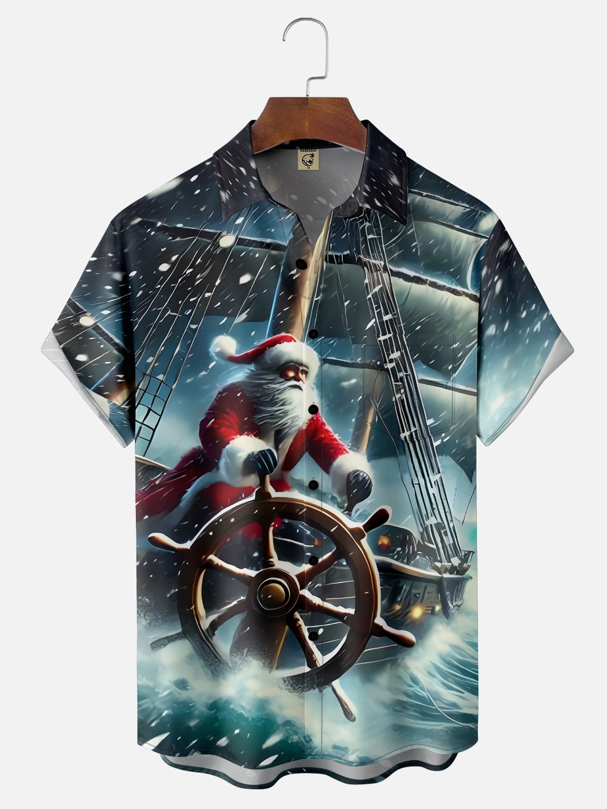 Moisture Wicking Christmas Santa Claus Pirate Ship Chest Pocket Hawaiian Shirt