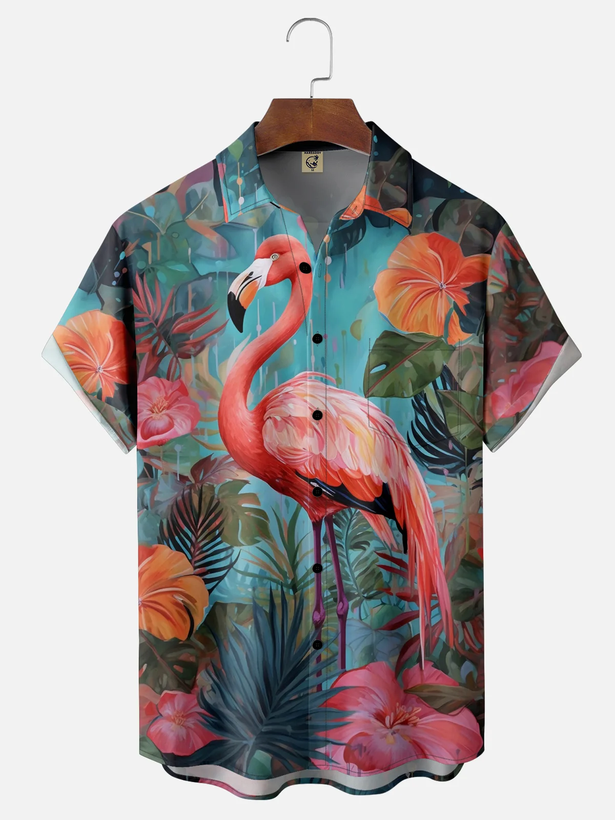 Moisture-wicking Flamingo Flower Pocket Hawaiian Shirt