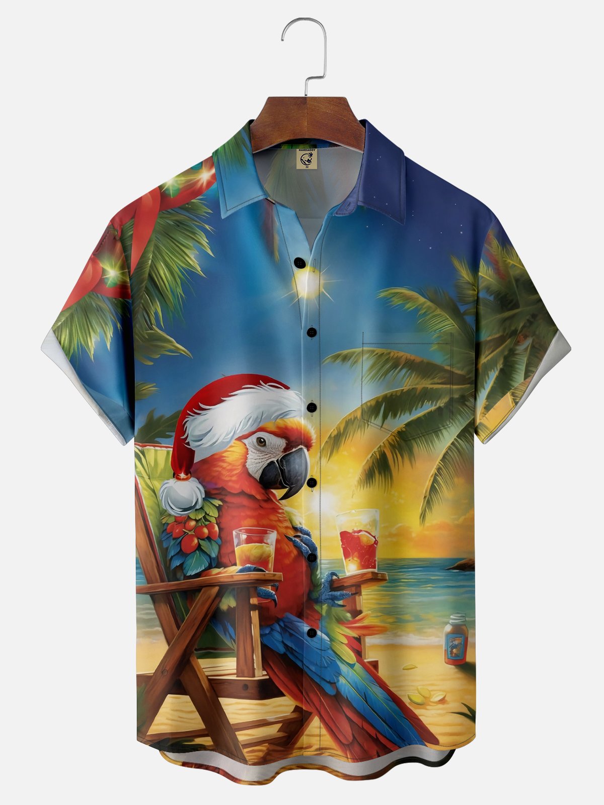 Moisture-wicking Christmas Santa Hat Parrot Beach Pocket Casual Shirt