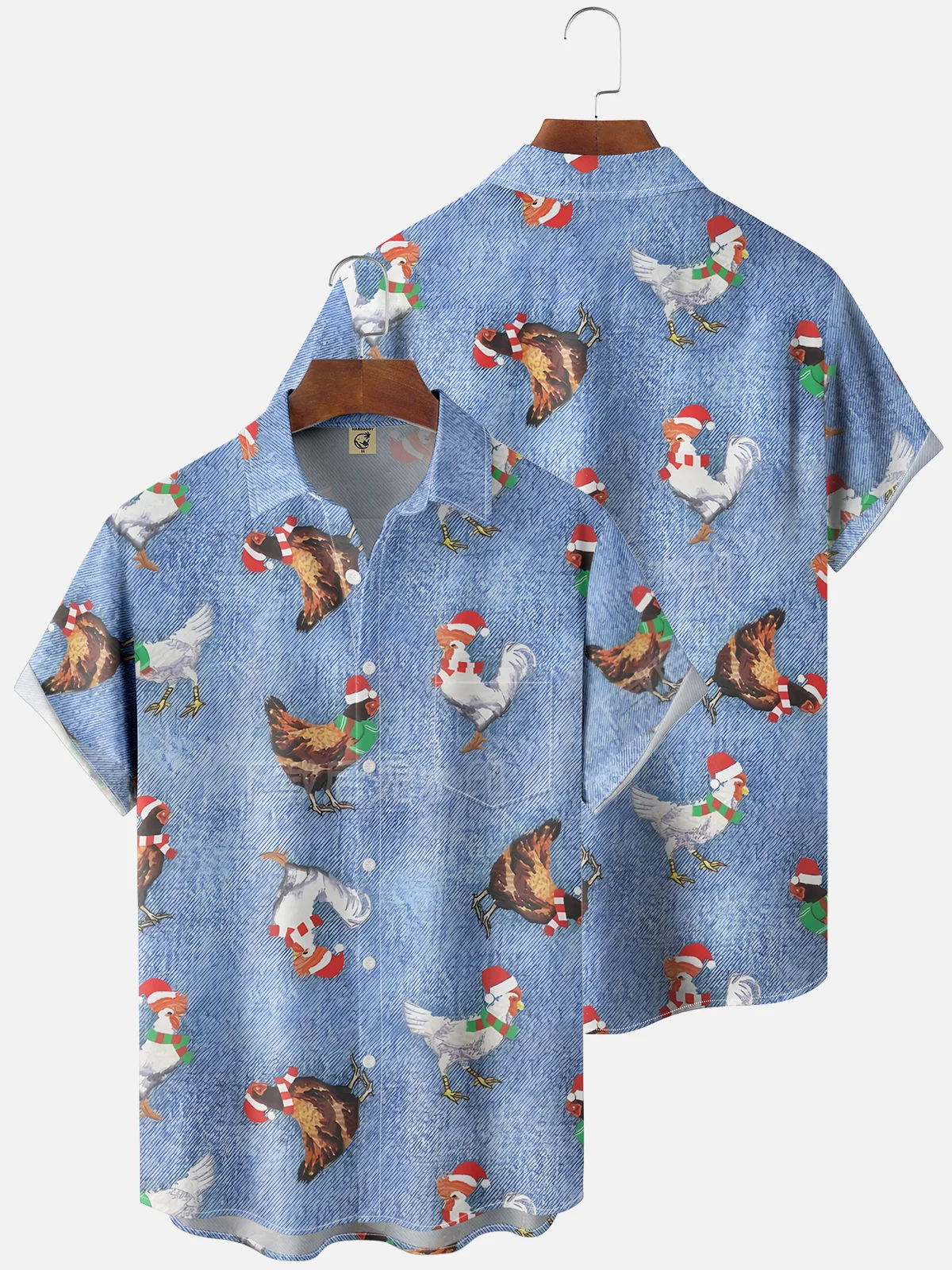 Moisture Wicking Christmas Chicken Chest Pocket Hawaiian Shirt