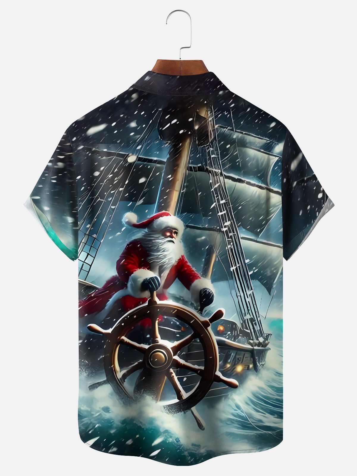 Moisture Wicking Christmas Santa Claus Pirate Ship Chest Pocket Hawaiian Shirt