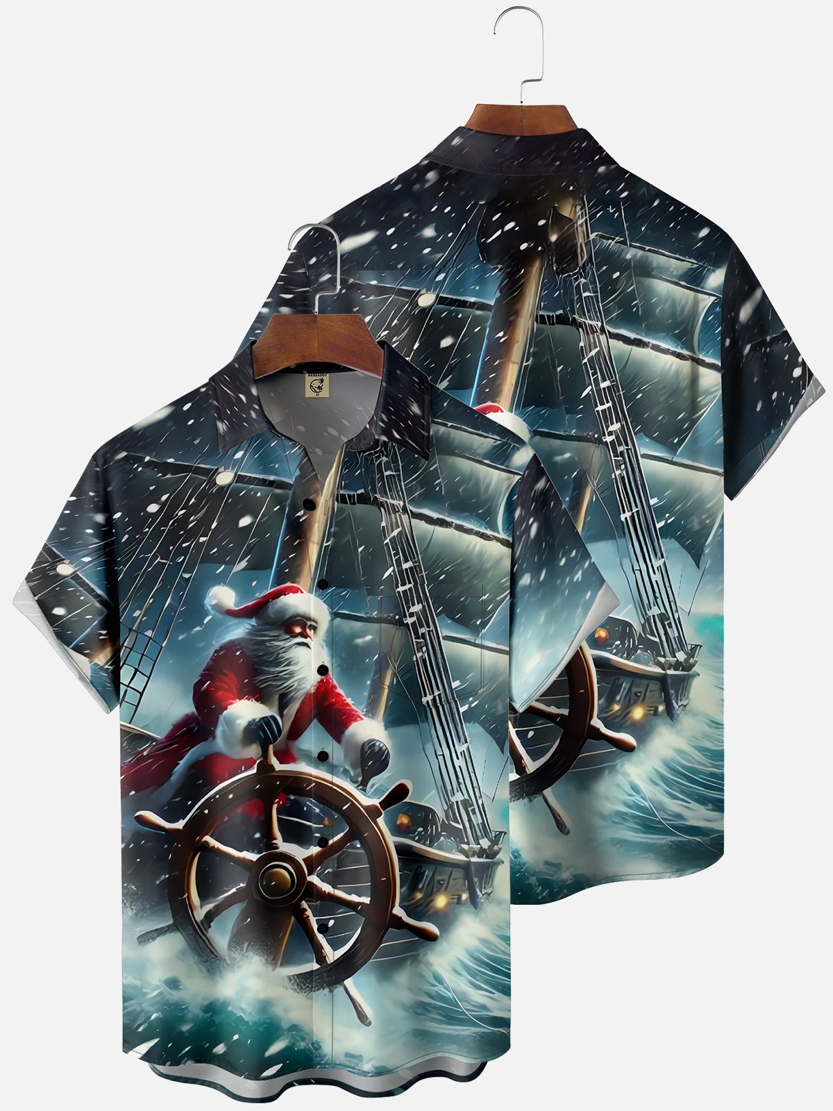 Moisture Wicking Christmas Santa Claus Pirate Ship Chest Pocket Hawaiian Shirt