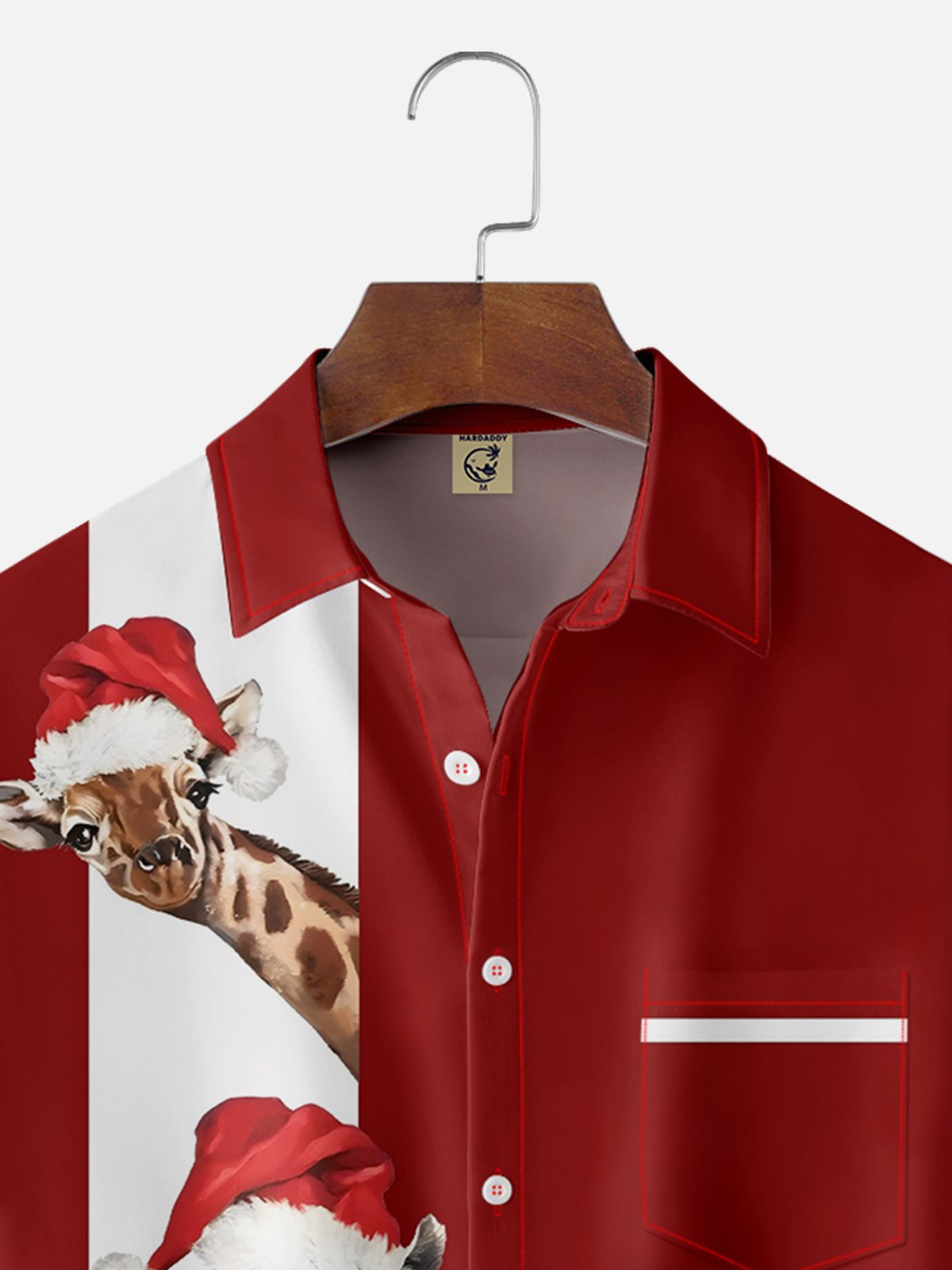 Moisture-wicking Christmas Santa Hat Giraffe Alpaca Ostrich Chest Pocket Bowling Shirt
