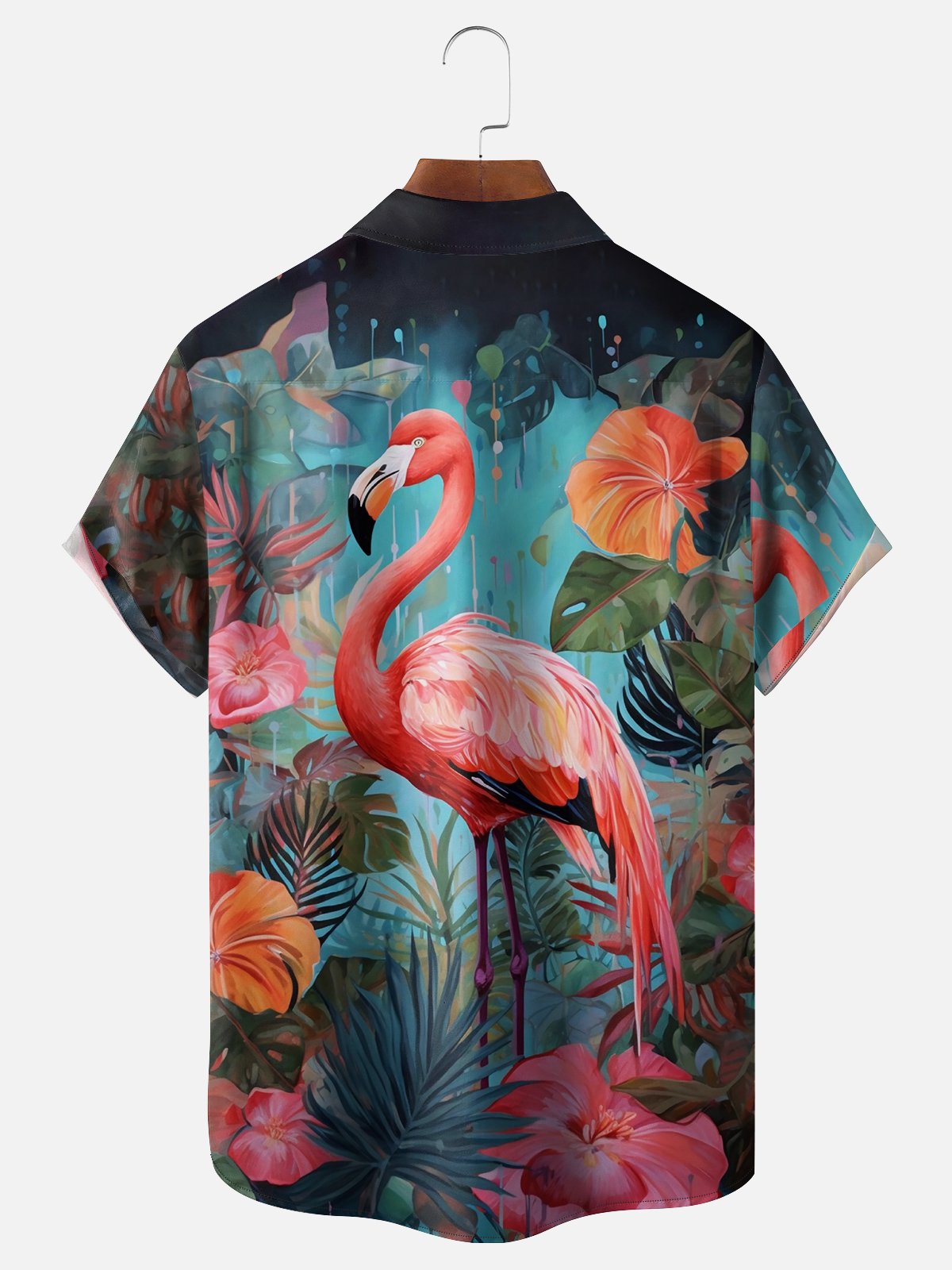 Moisture-wicking Flamingo Flower Pocket Hawaiian Shirt