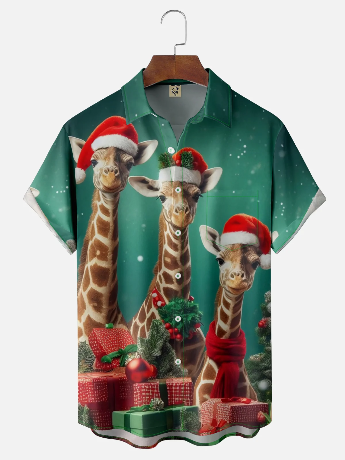 Moisture-wicking Christmas Santa Hat Giraffe Pocket Casual Shirt