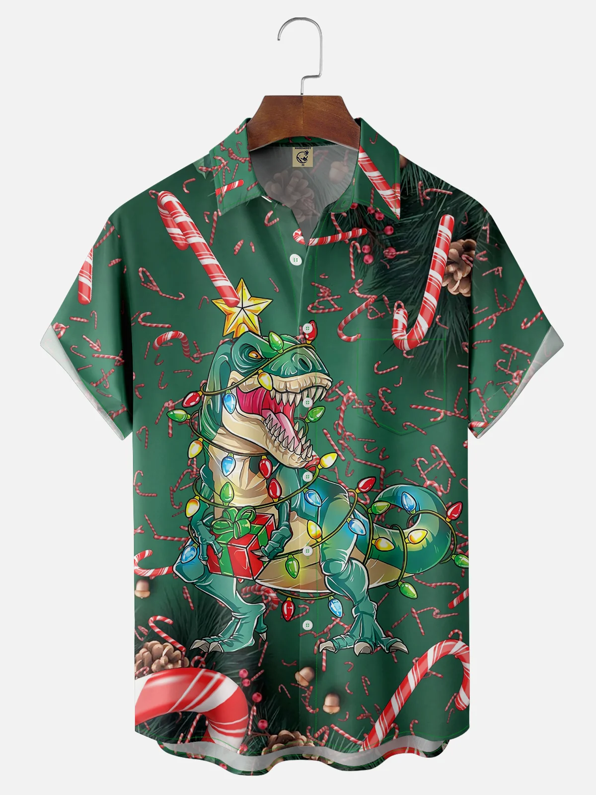 Moisture-wicking Christmas Dinosaur Candy Canes Chest Pocket Casual Shirt