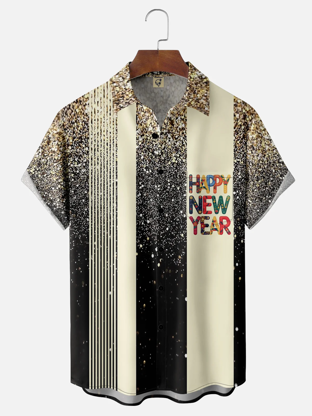 Moisture-wicking Happy New Year Slogan Chest Pocket Bowling Shirt