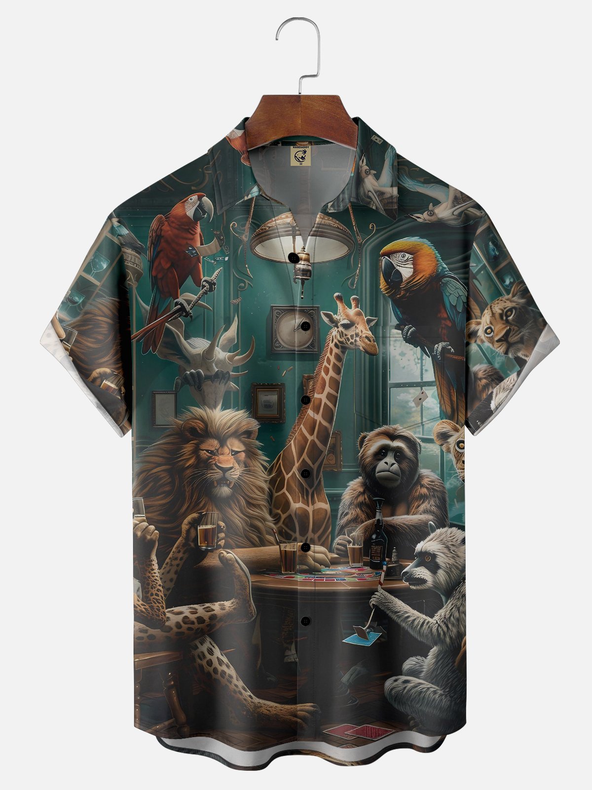 Moisture-wicking Casino Parrot Giraffe Lion Monkey Poker Chest Pocket Casual Shirt