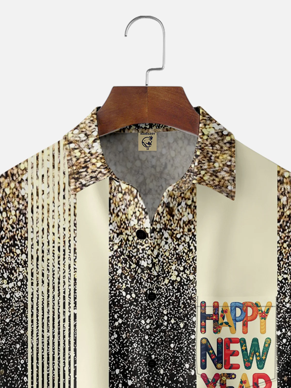 Moisture-wicking Happy New Year Slogan Chest Pocket Bowling Shirt