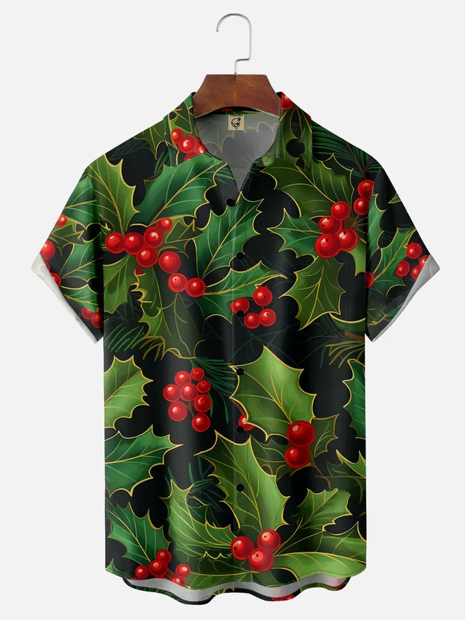 Tall Size Moisture-wicking Christmas Berry Leaf Chest Pocket Casual Shirt