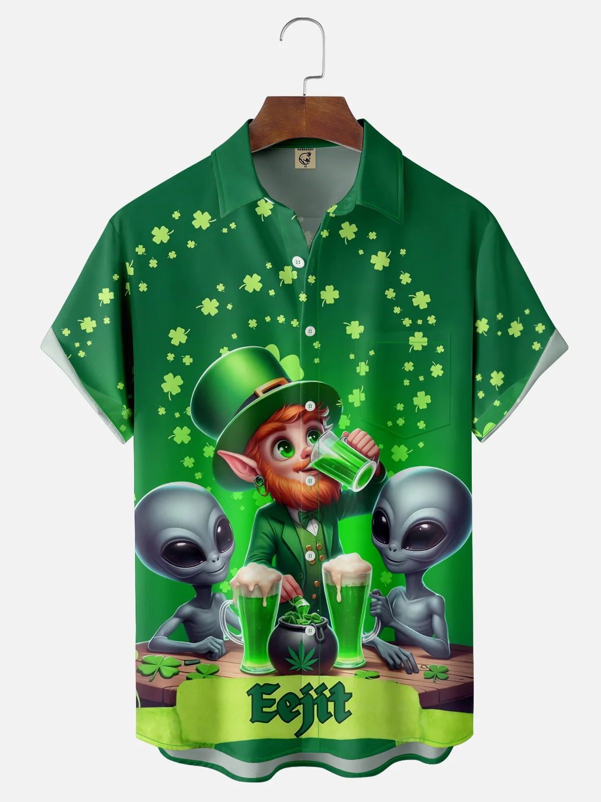 Moisture-wicking Saint Patrick‘s Day Shamrock Alien Chest Pocket Casual Shirt