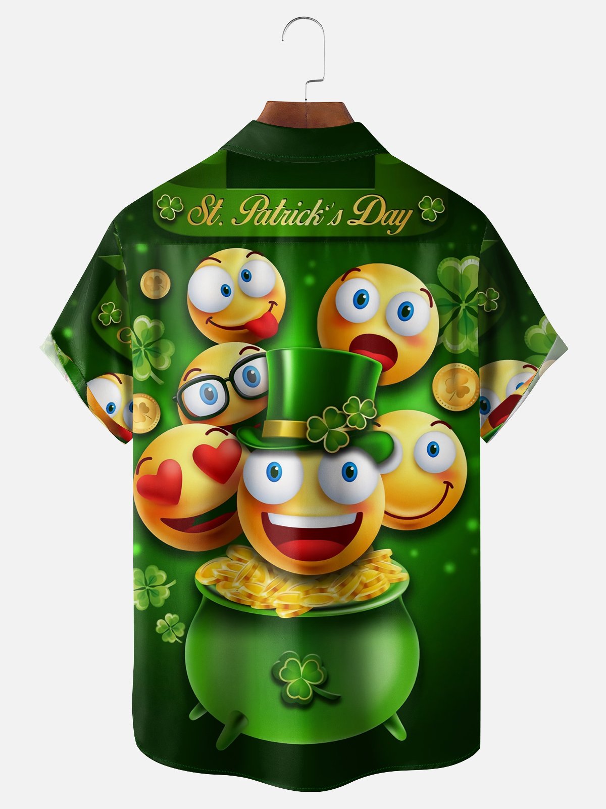 Moisture-wicking Saint Patrick‘s Day Smiley Emoticon Shamrock Chest Pocket Casual Shirt