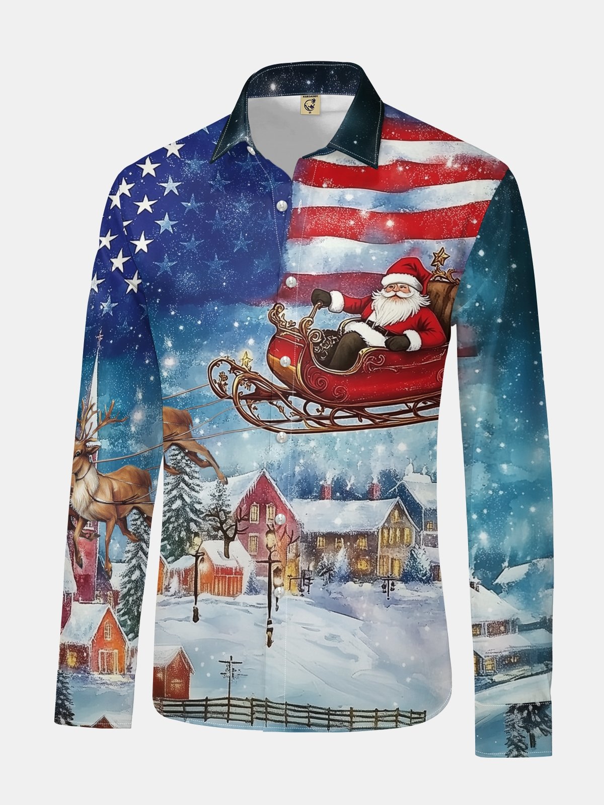 Christmas Santa Claus American Flag Long Sleeve Casual Dress Shirt