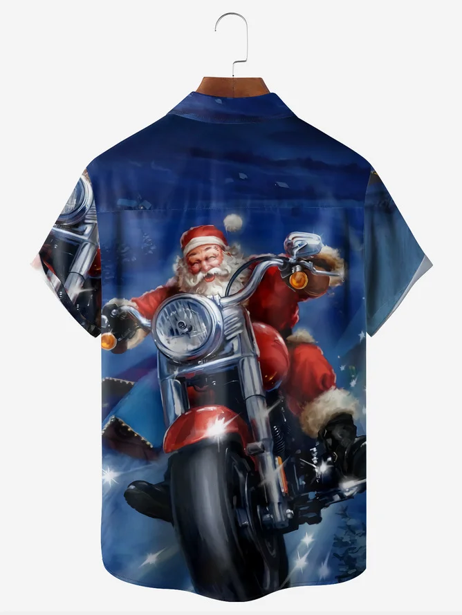 Tall Size Moisture-wicking Christmas Santa Claus Motorcycle Chest Pocket Holiday Shirt