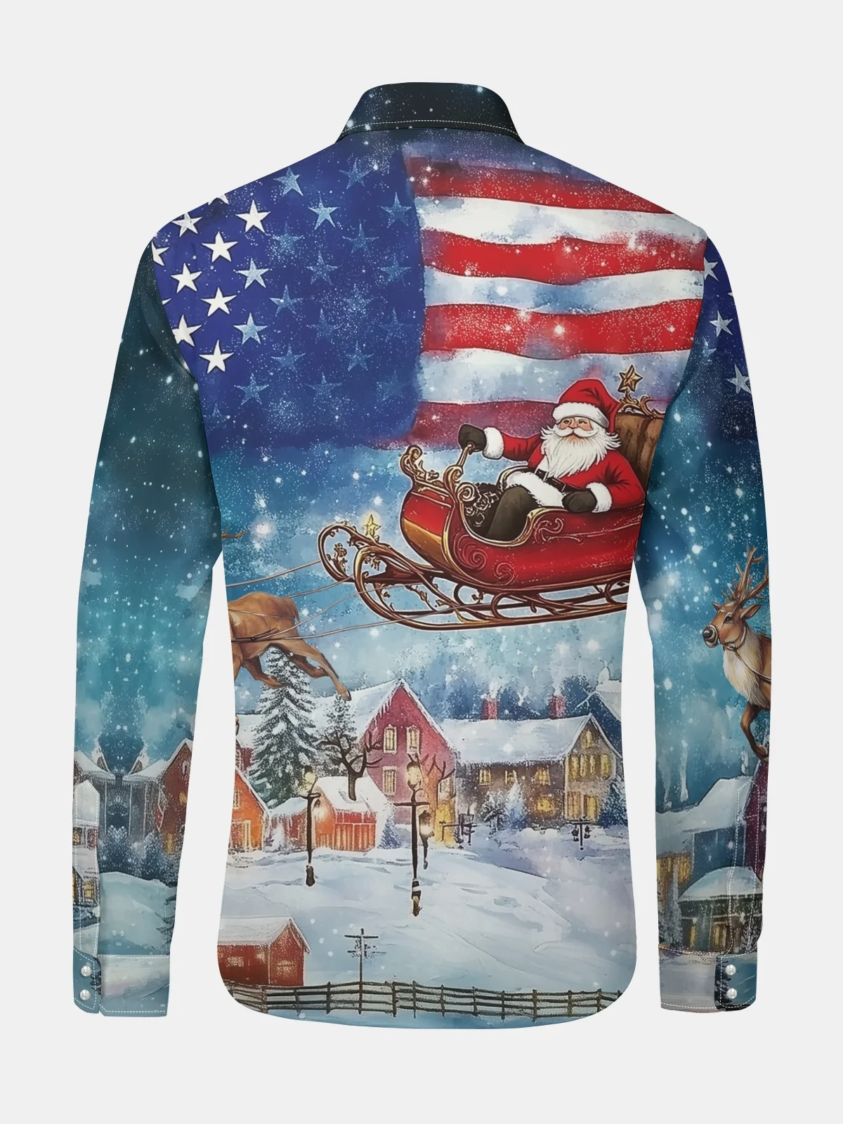 Christmas Santa Claus American Flag Long Sleeve Casual Dress Shirt