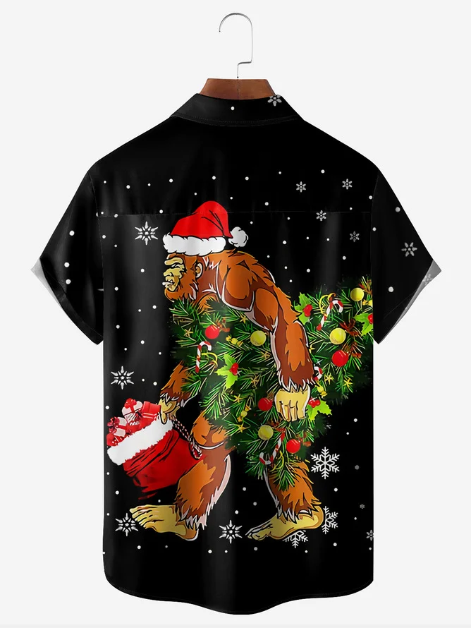 Tall Size Moisture-wicking Christmas Bigfoot Chest Pocket Hawaiian Shirt