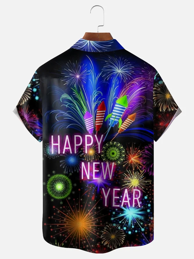 Tall Size Moisture-wicking Happy New Year Chest Pocket Holiday Shirt