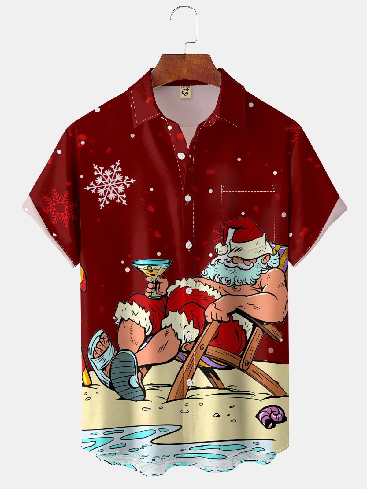 Moisture-wicking Christmas Santa Claus On the Beach Chest Pocket Holiday Shirt