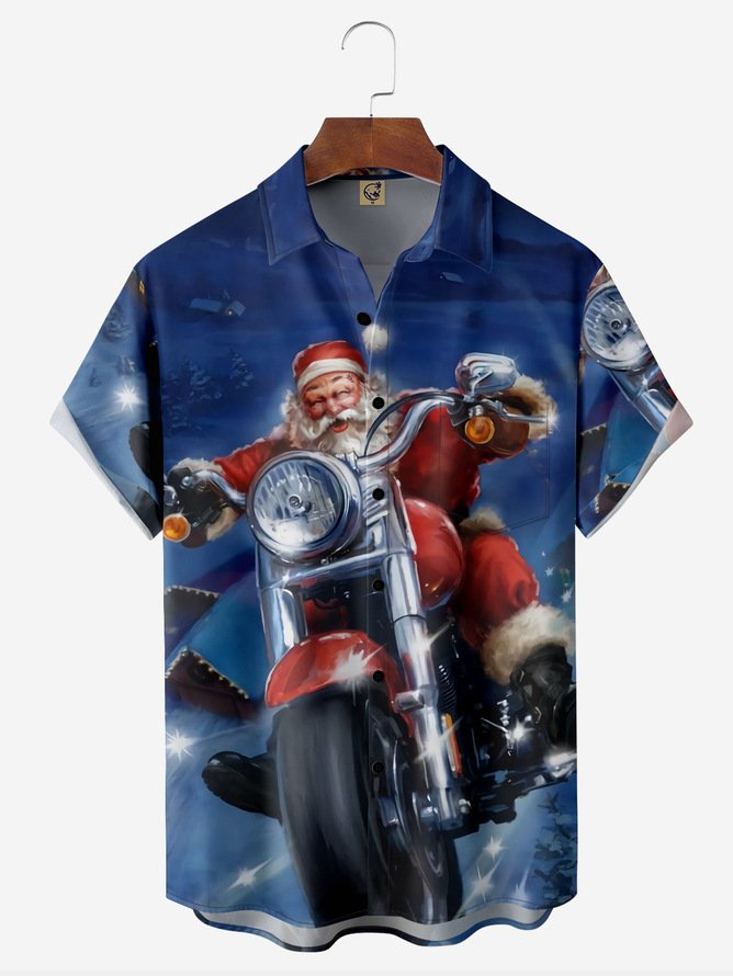 Tall Size Moisture-wicking Christmas Santa Claus Motorcycle Chest Pocket Holiday Shirt